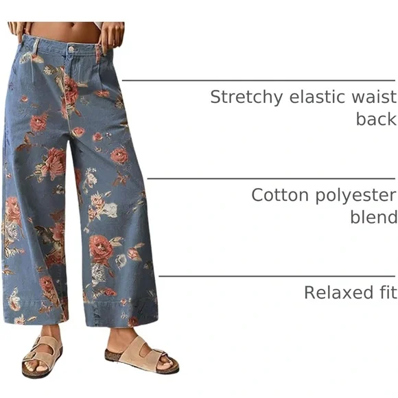 loveimgs Women Mid Rise Cropped Wide Leg Jeans Baggy Floral Ankle Pants Denim - Picture 2 of 3